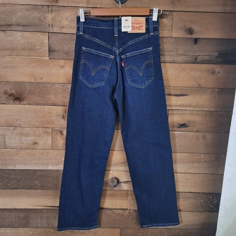 Levis Ribcage Straight Ankle Distressed Dark Wash Jeans SZ 24